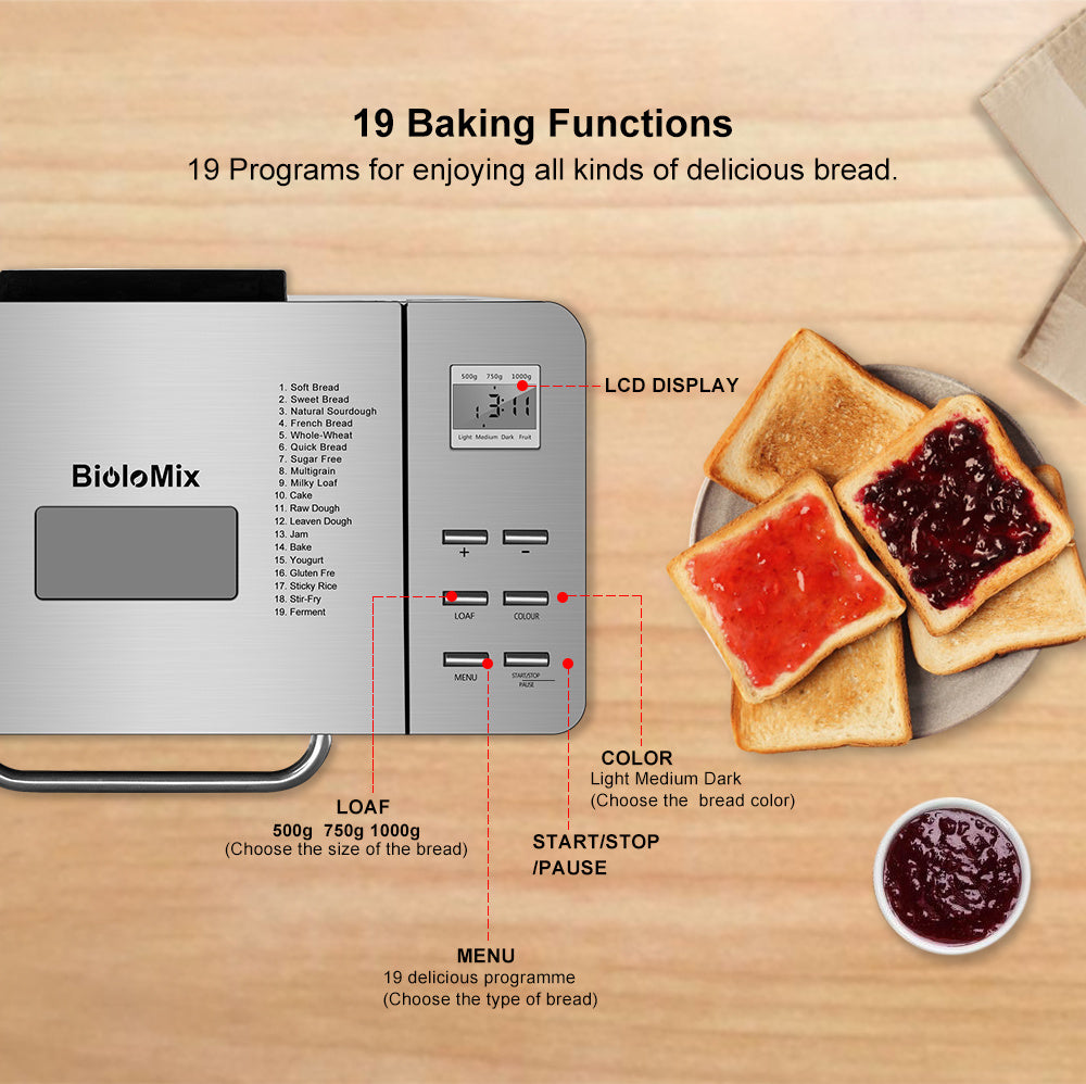 Biolomix Stainless Steel 1KG 19-in-1 Automatic Bread Maker