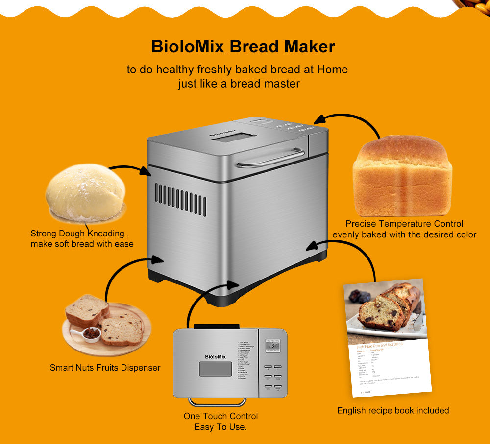 Biolomix Stainless Steel 1KG 19-in-1 Automatic Bread Maker