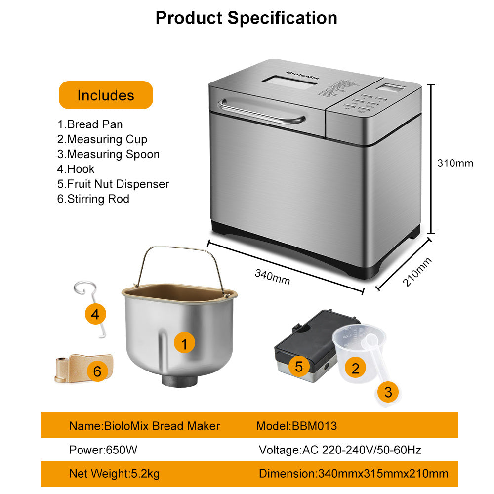 Biolomix Stainless Steel 1KG 19-in-1 Automatic Bread Maker